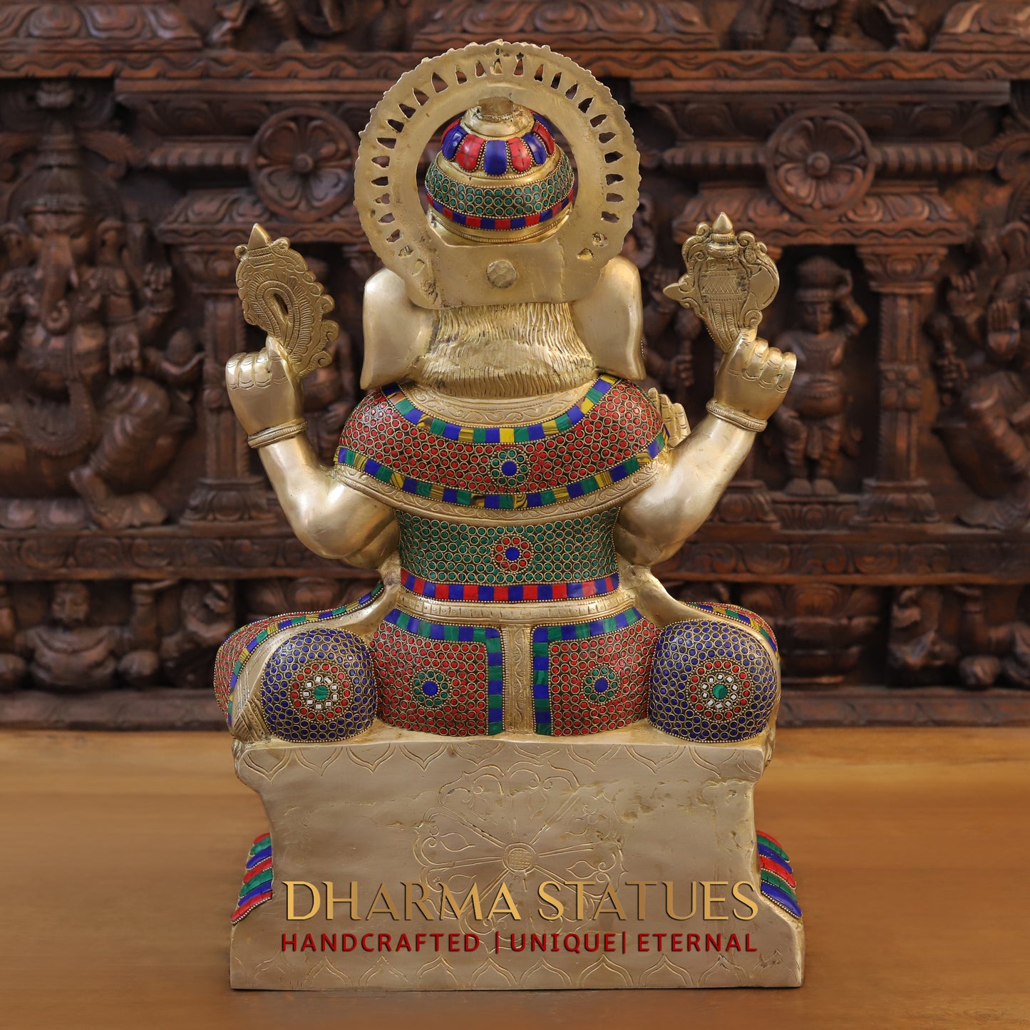 Brass Ganesh seated on Base, Blessing Posture, Golden & Stonework, 24.5"
