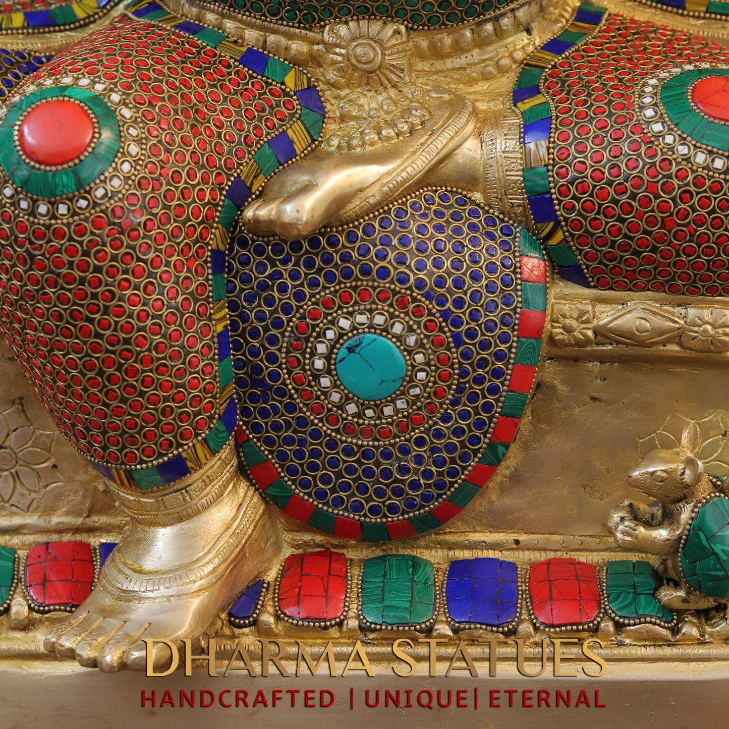 Brass Ganesh seated on Base, Blessing Posture, Golden & Stonework, 24.5"