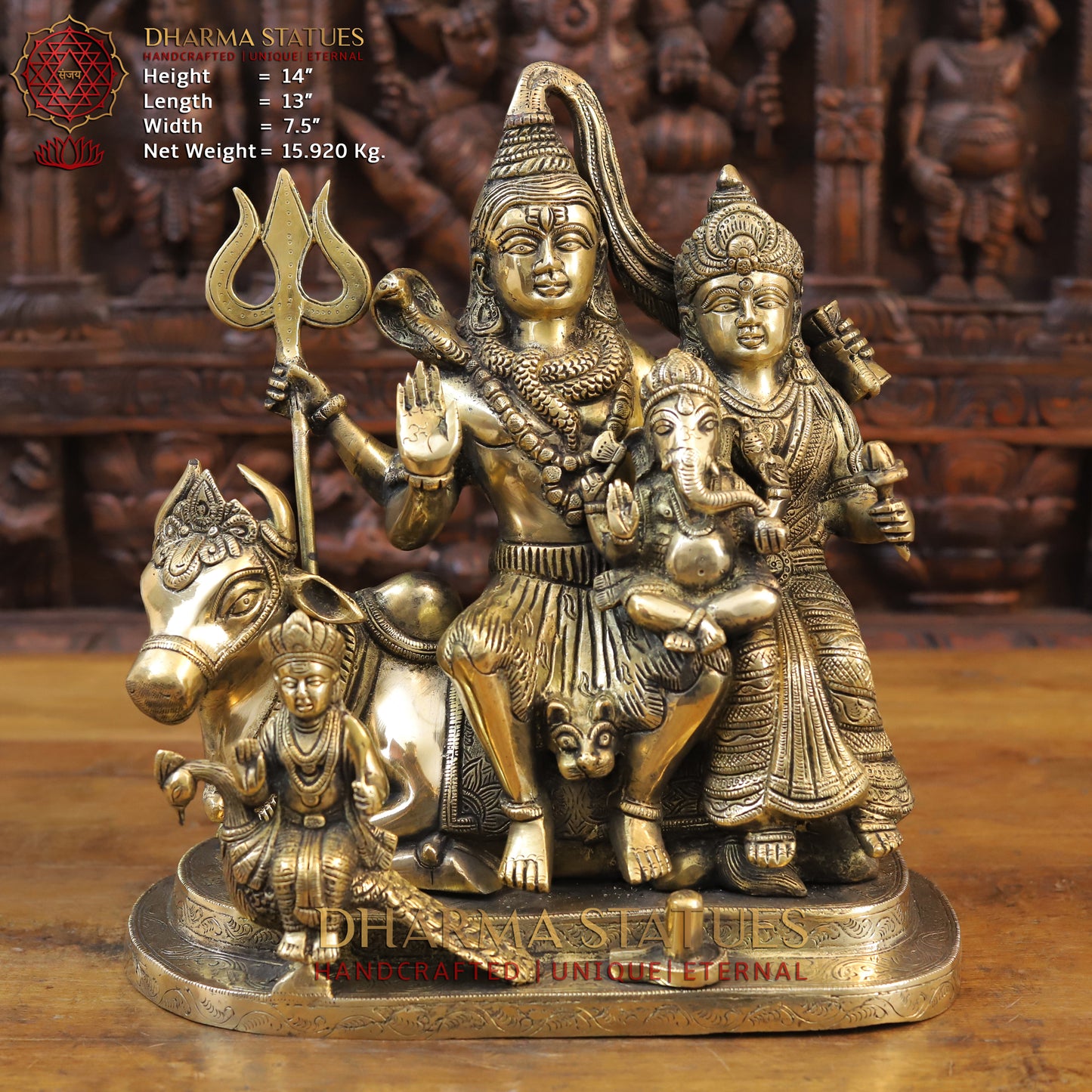 Brass Shiv Parivar Statue, Seated on Nandi, Fine Golden Finish 14"