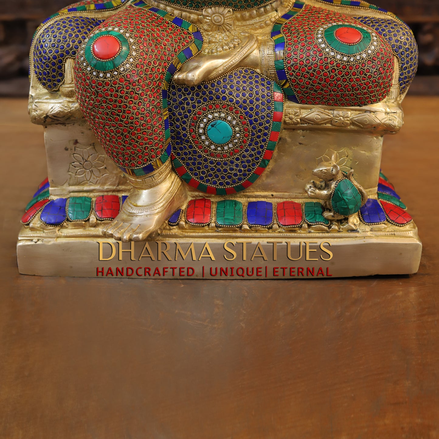 Brass Ganesh seated on Base, Blessing Posture, Golden & Stonework, 24.5"