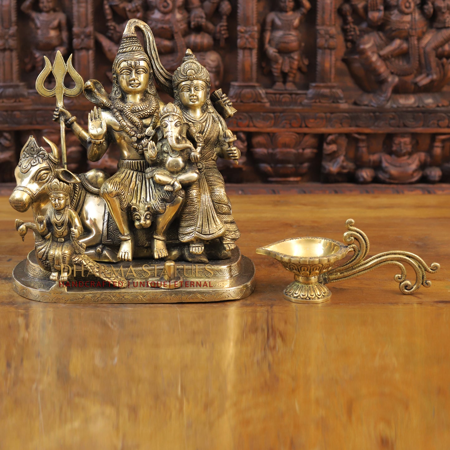 Brass Shiv Parivar Statue, Seated on Nandi, Fine Golden Finish 14"