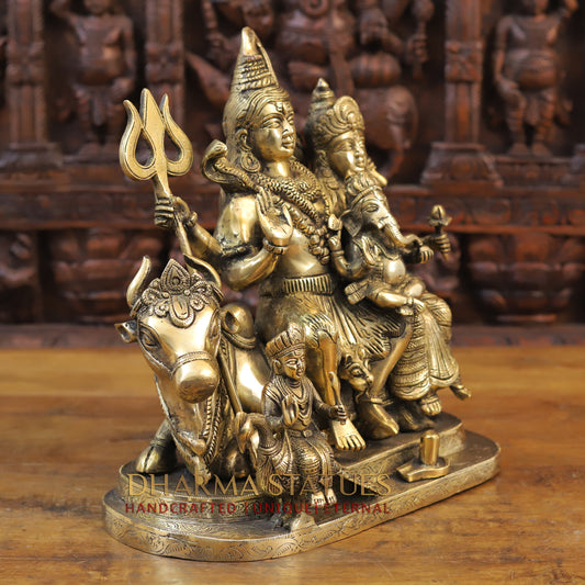 Brass Shiv Parivar Statue, Seated on Nandi, Fine Golden Finish 14"