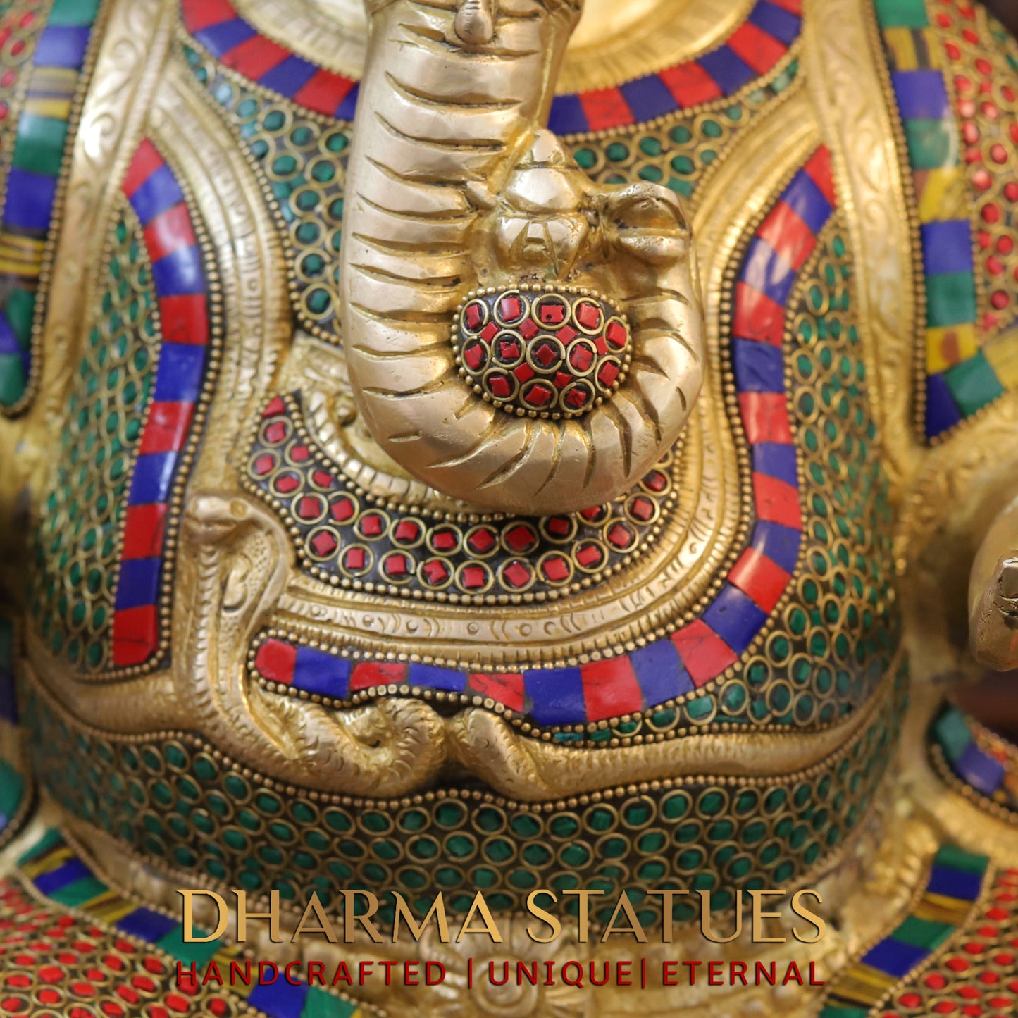 Brass Ganesh seated on Base, Blessing Posture, Golden & Stonework, 24.5"