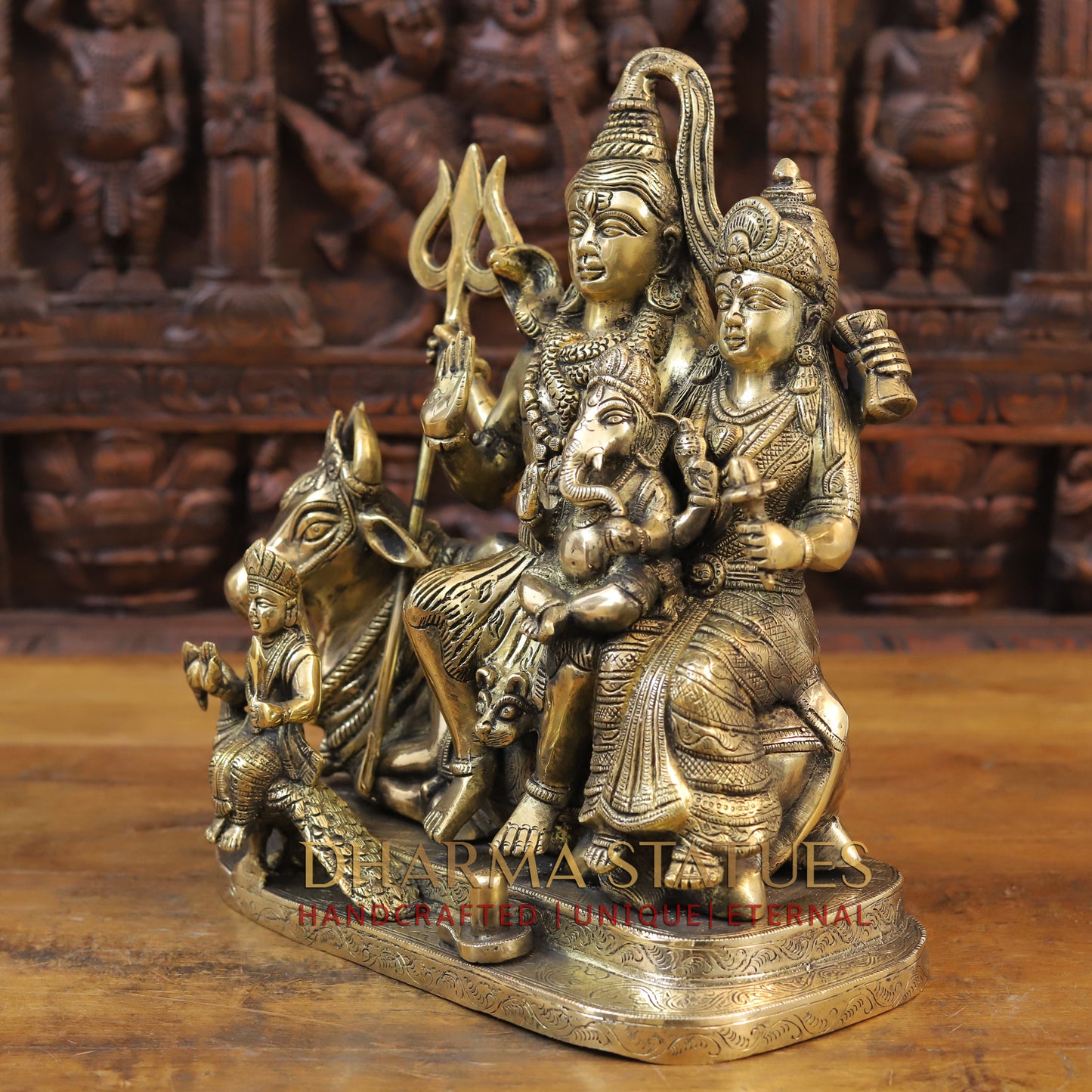 Brass Shiv Parivar Statue, Seated on Nandi, Fine Golden Finish 14"