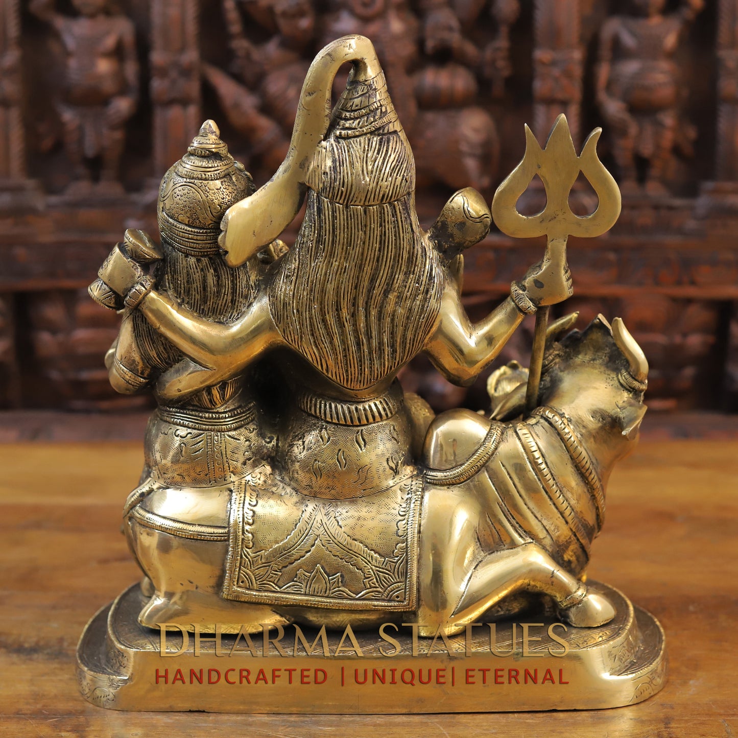 Brass Shiv Parivar Statue, Seated on Nandi, Fine Golden Finish 14"