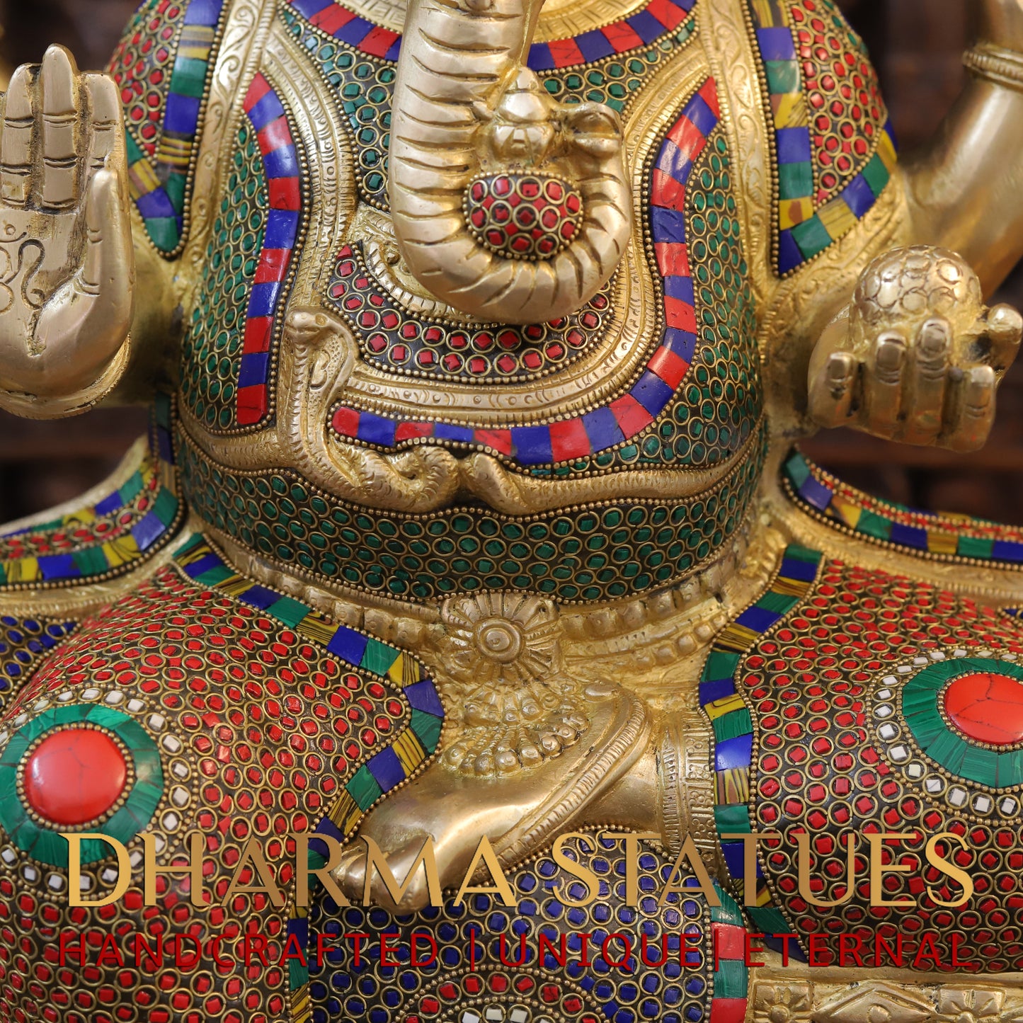 Brass Ganesh seated on Base, Blessing Posture, Golden & Stonework, 24.5"