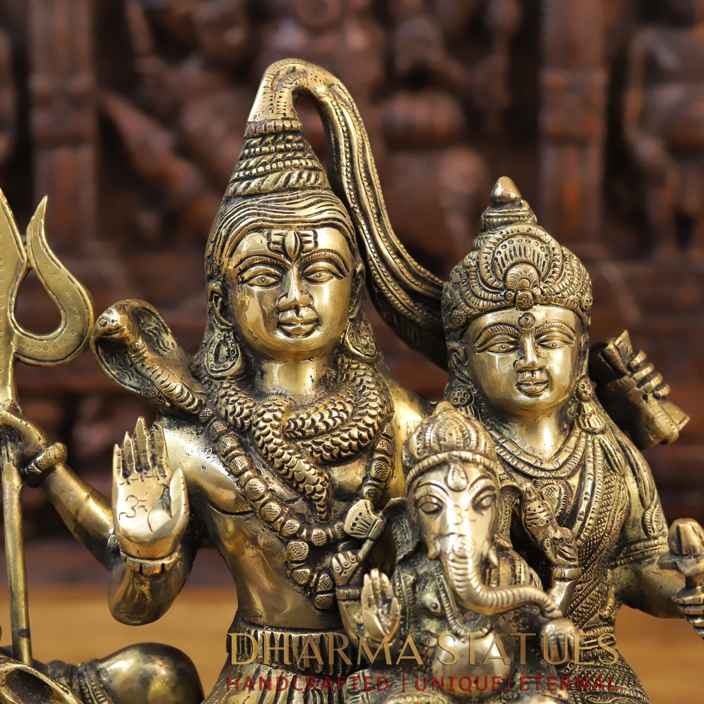 Brass Shiv Parivar Statue, Seated on Nandi, Fine Golden Finish 14"