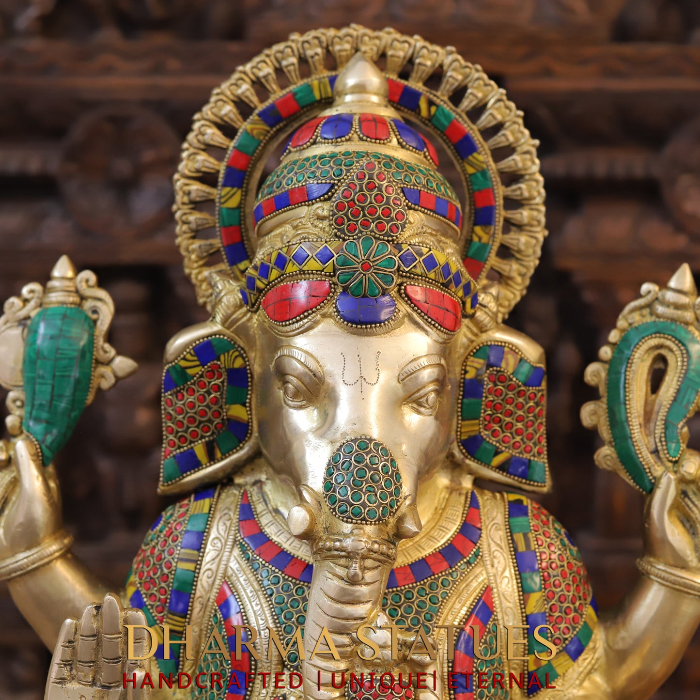 Brass Ganesh seated on Base, Blessing Posture, Golden & Stonework, 24.5"