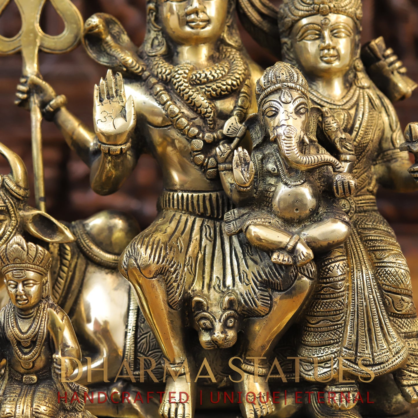 Brass Shiv Parivar Statue, Seated on Nandi, Fine Golden Finish 14"