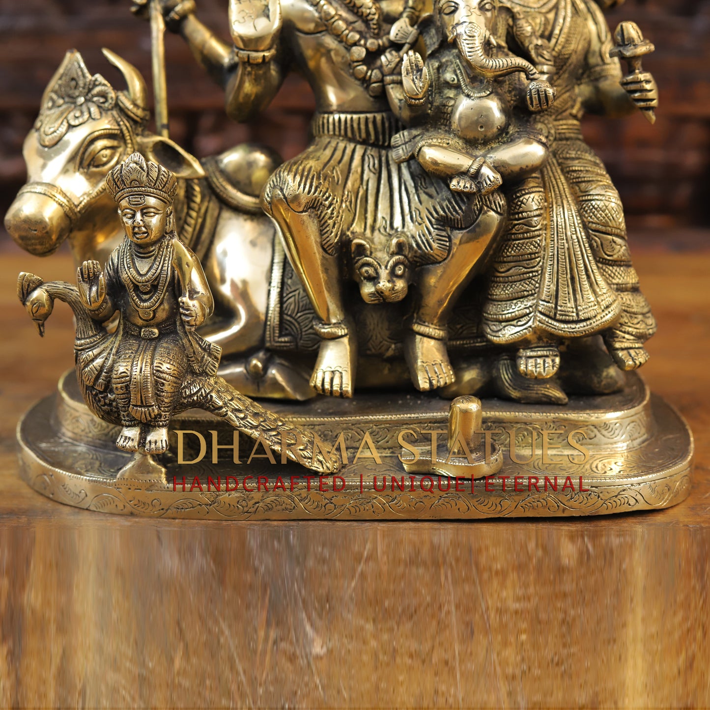 Brass Shiv Parivar Statue, Seated on Nandi, Fine Golden Finish 14"
