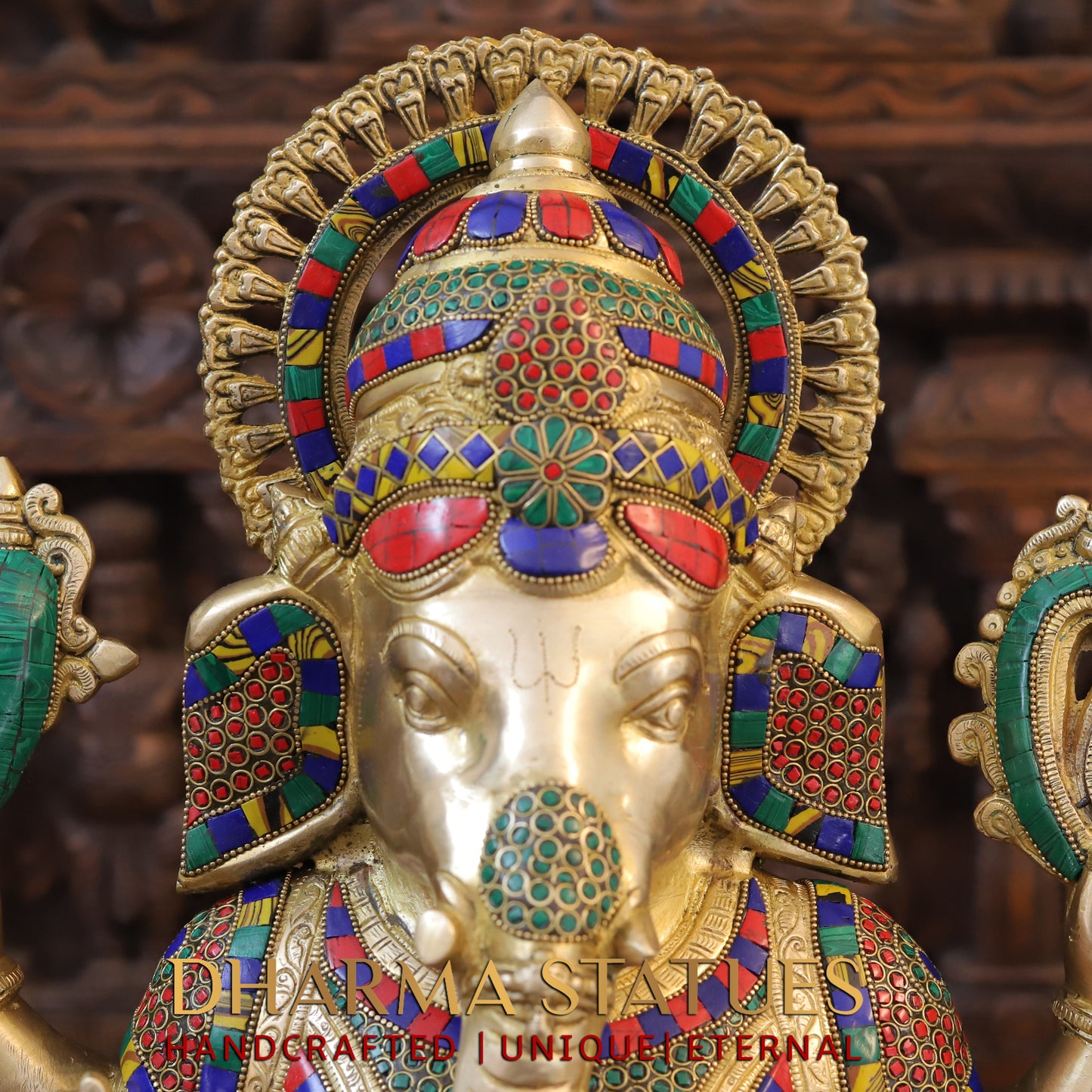 Brass Ganesh seated on Base, Blessing Posture, Golden & Stonework, 24.5"