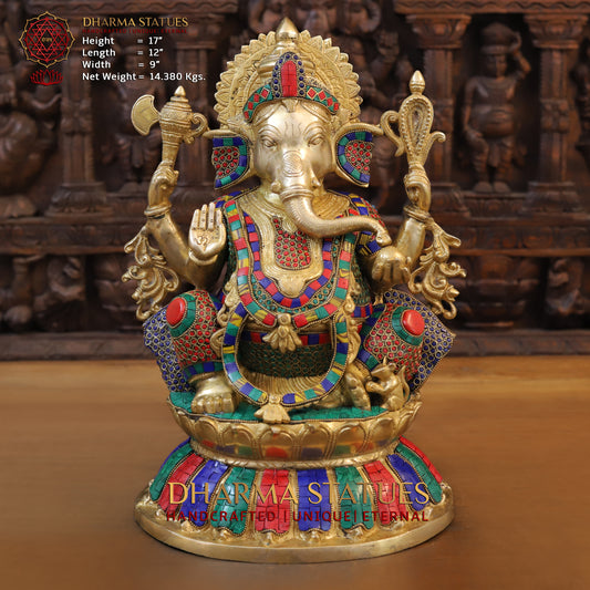 Brass Ganesh seated on Base, Blessing Posture, Golden & Stonework, 17"