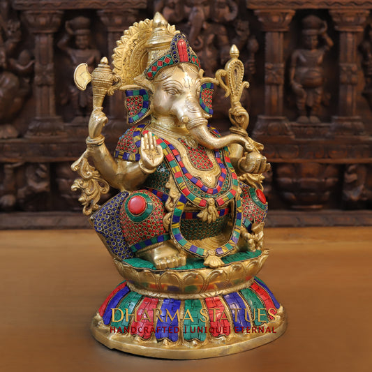 Brass Ganesh seated on Base, Blessing Posture, Golden & Stonework, 17"