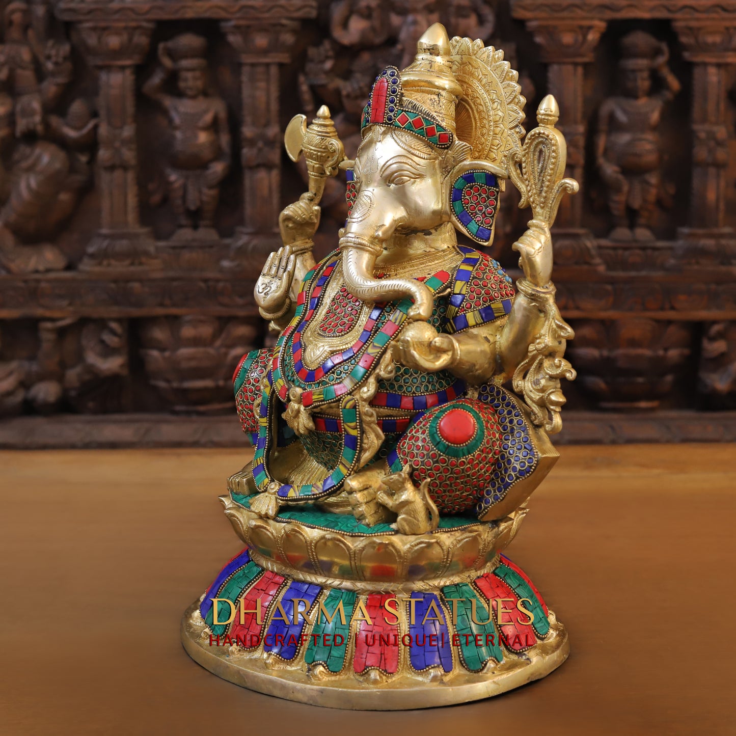 Brass Ganesh seated on Base, Blessing Posture, Golden & Stonework, 17"