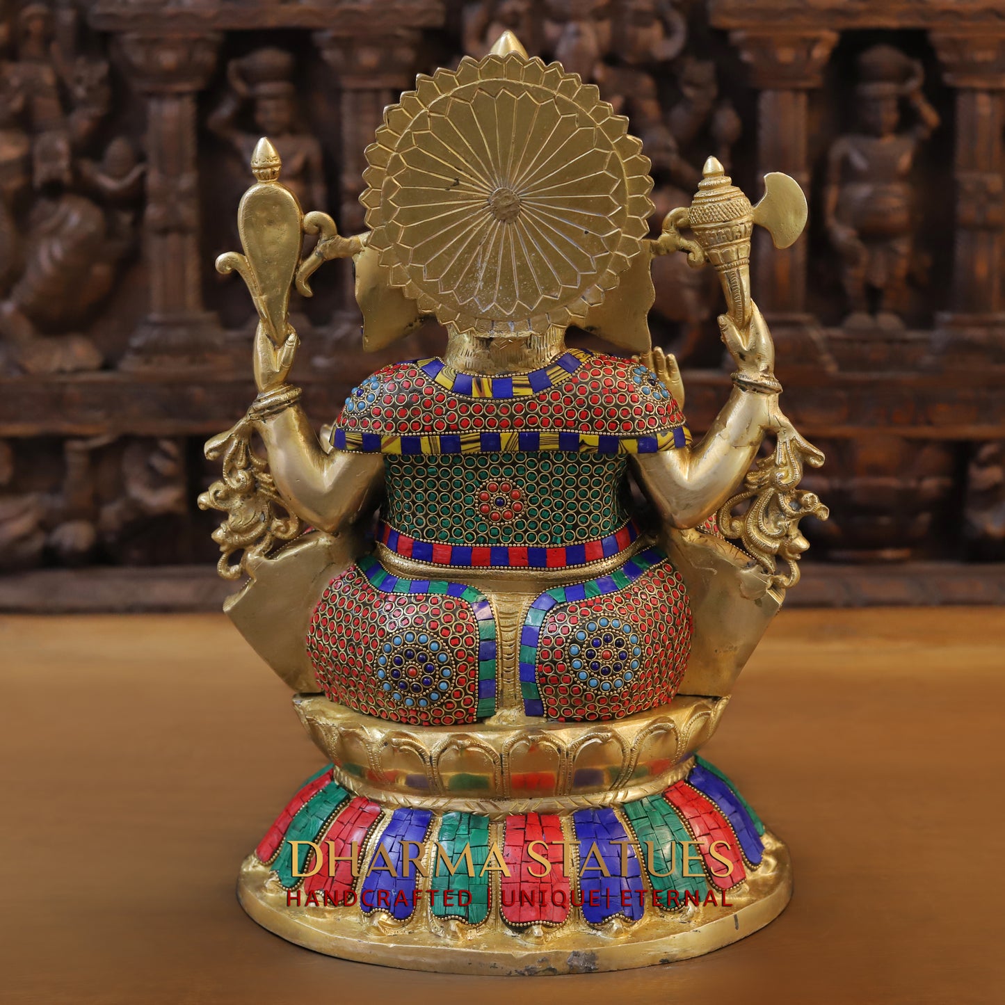 Brass Ganesh seated on Base, Blessing Posture, Golden & Stonework, 17"