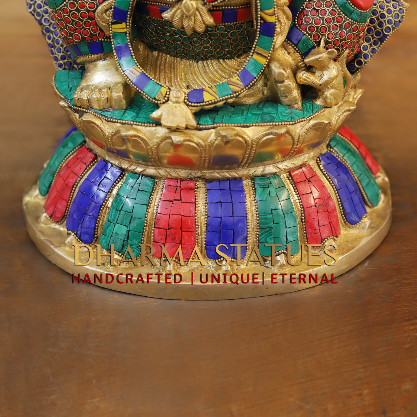 Brass Ganesh seated on Base, Blessing Posture, Golden & Stonework, 17"