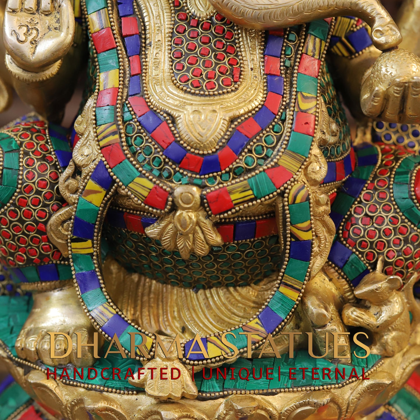 Brass Ganesh seated on Base, Blessing Posture, Golden & Stonework, 17"