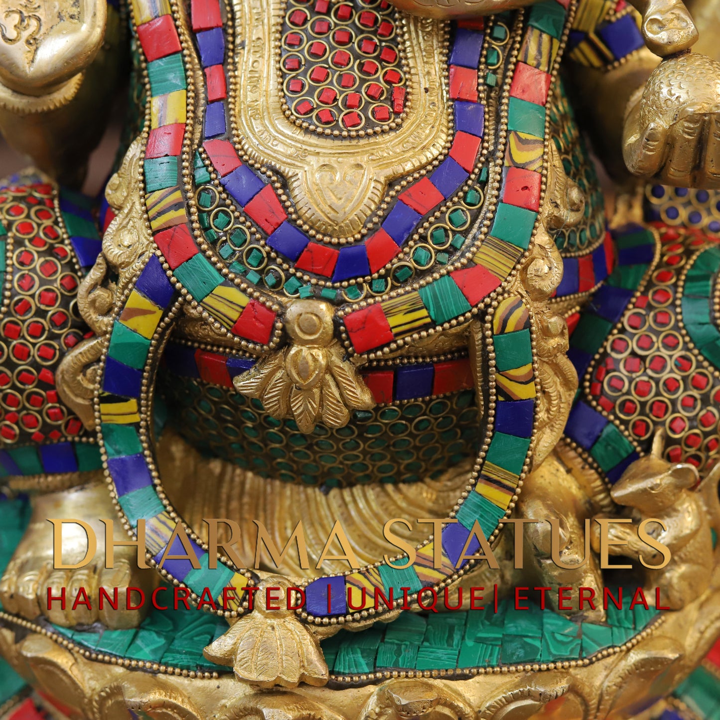 Brass Ganesh seated on Base, Blessing Posture, Golden & Stonework, 17"