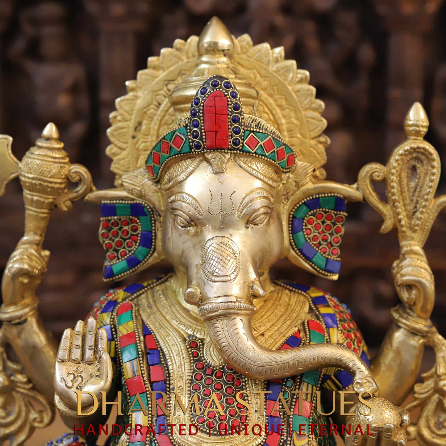 Brass Ganesh seated on Base, Blessing Posture, Golden & Stonework, 17"