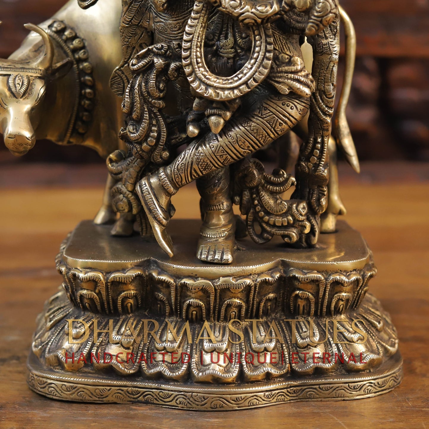 Brass Krishna With Cow, Divine Shepherd, Fine Gold,  17"