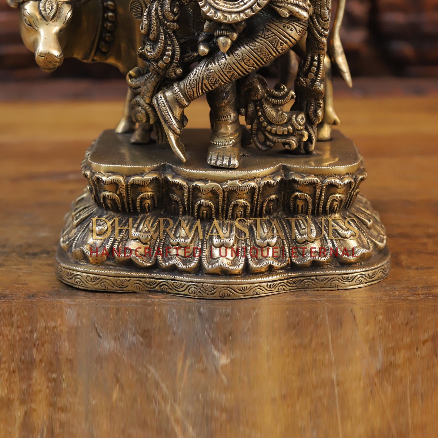 Brass Krishna Statue with cow, Playing Flute, Fine Golden Finish 17"