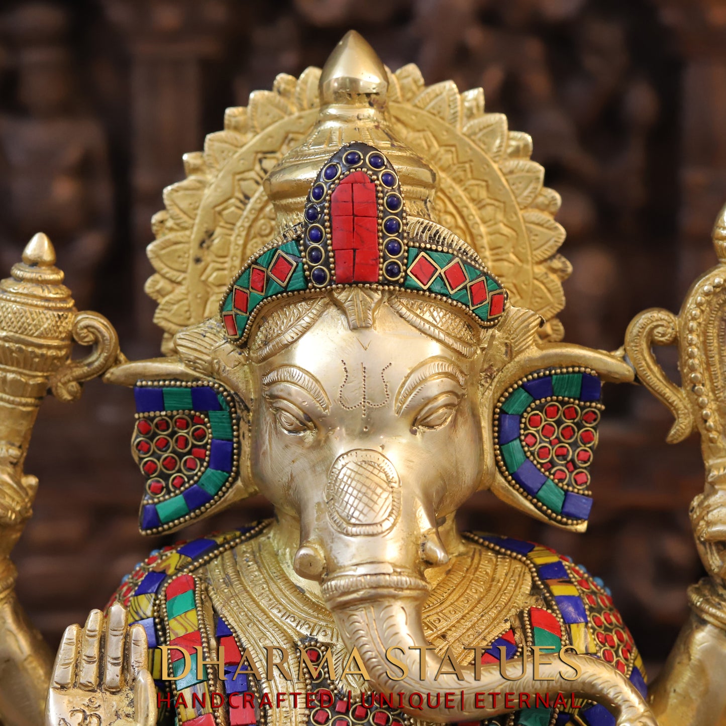 Brass Ganesh seated on Base, Blessing Posture, Golden & Stonework, 17"