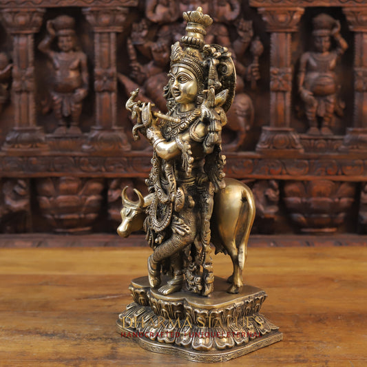 Brass Krishna Statue with cow, Playing Flute, Fine Golden Finish 17"