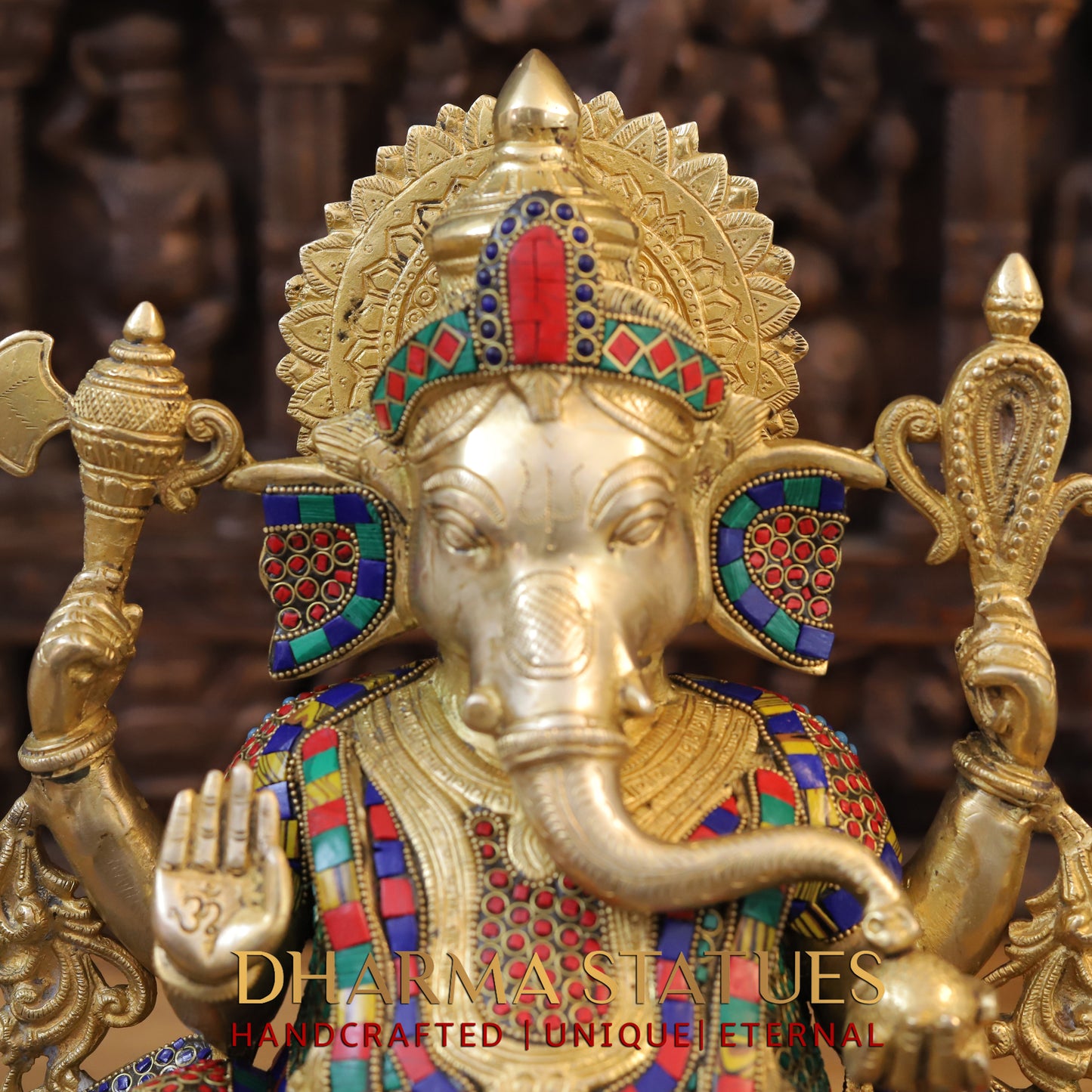 Brass Ganesh seated on Base, Blessing Posture, Golden & Stonework, 17"