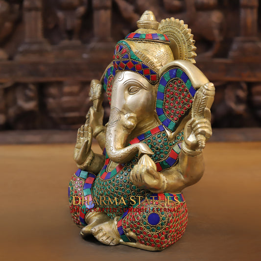 Brass Ganesh seated, Blessing Posture, Golden & Stonework, 10"