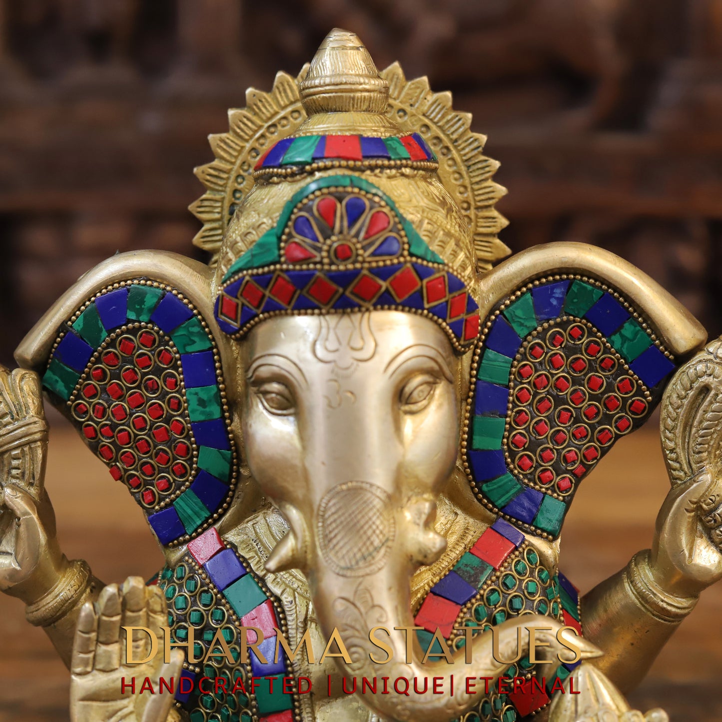 Brass Ganesh seated, Blessing Posture, Golden & Stonework, 10"