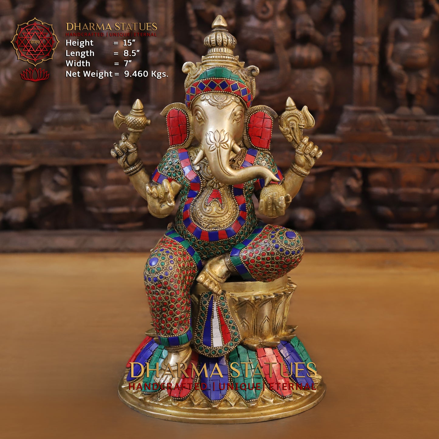 Brass Ganesh seated on Base, Golden & Stonework, 15"