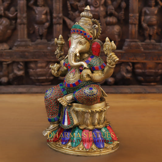 Brass Ganesh seated on Base, Golden & Stonework, 15"