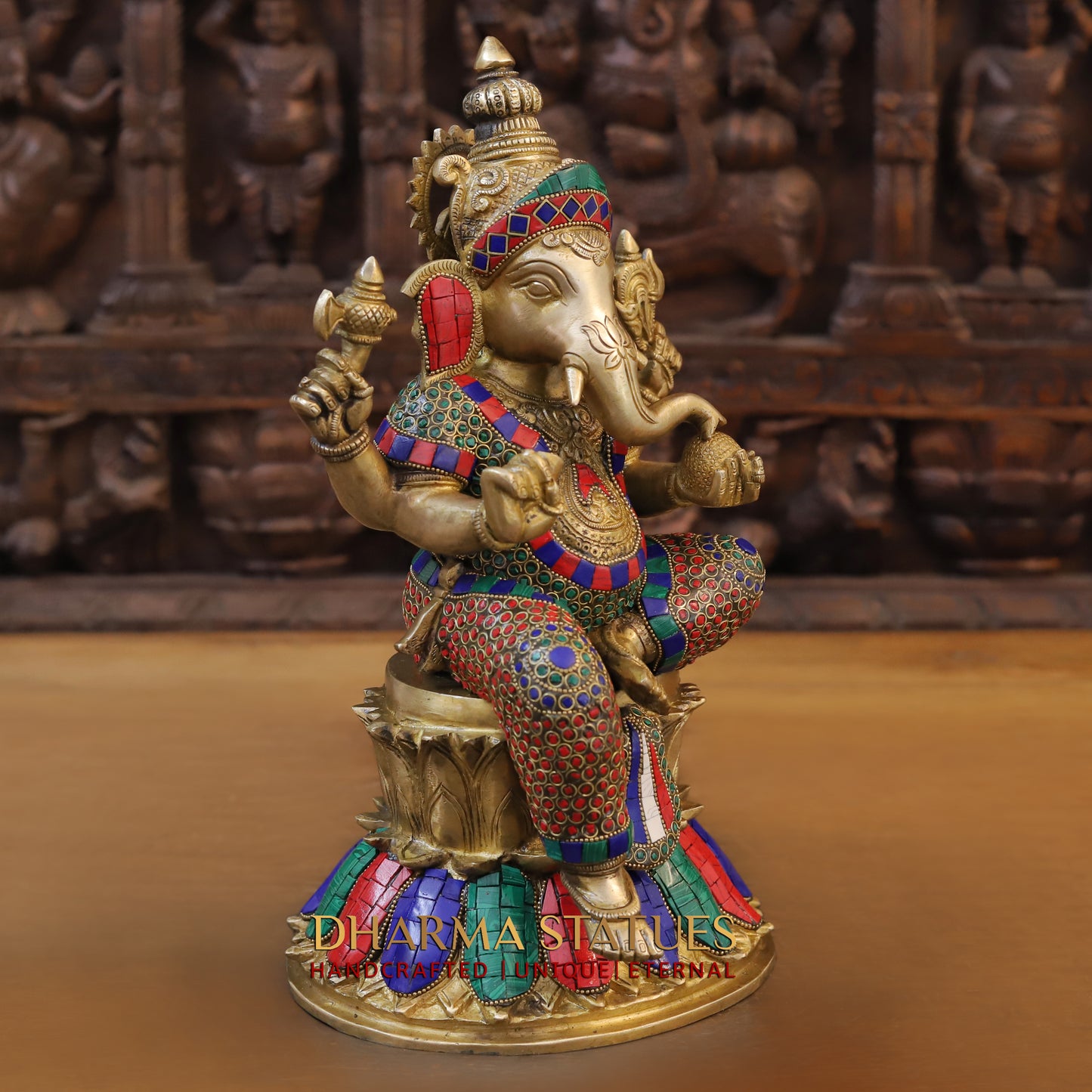 Brass Ganesh seated on Base, Golden & Stonework, 15"