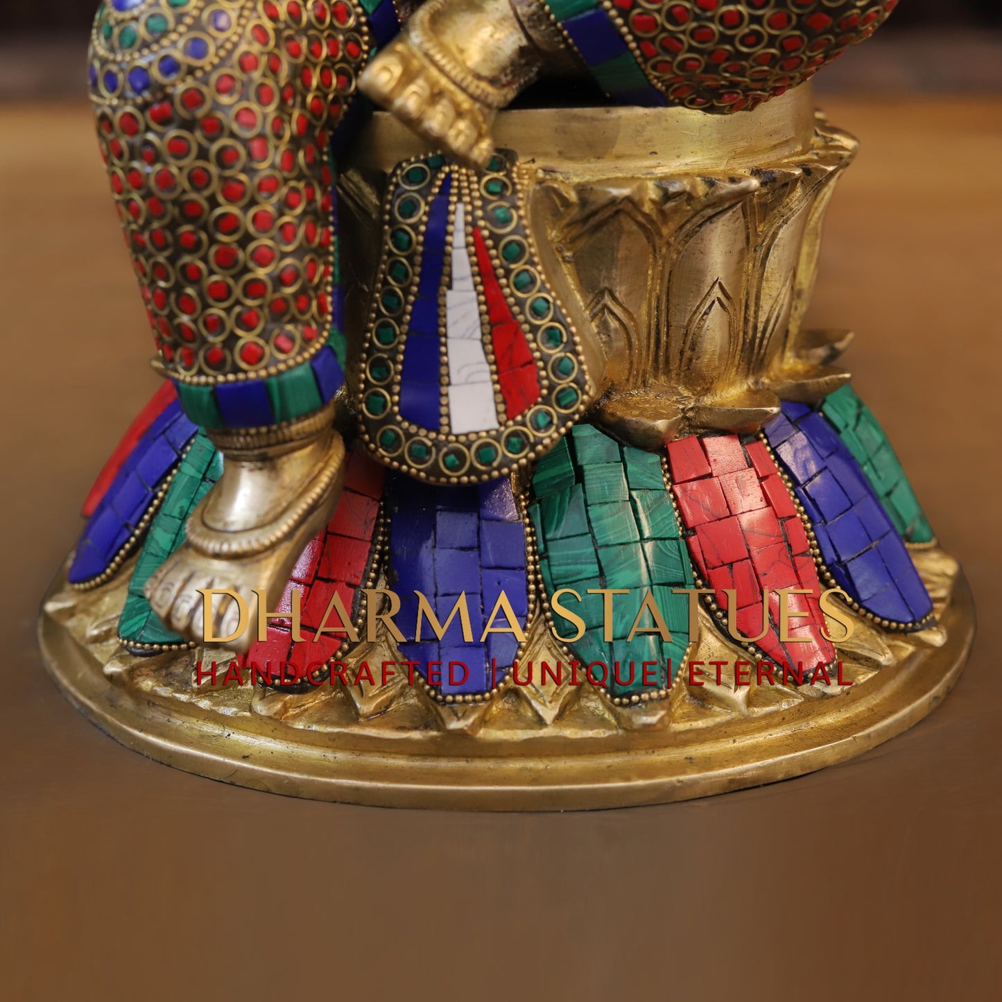 Brass Ganesh seated on Base, Golden & Stonework, 15"