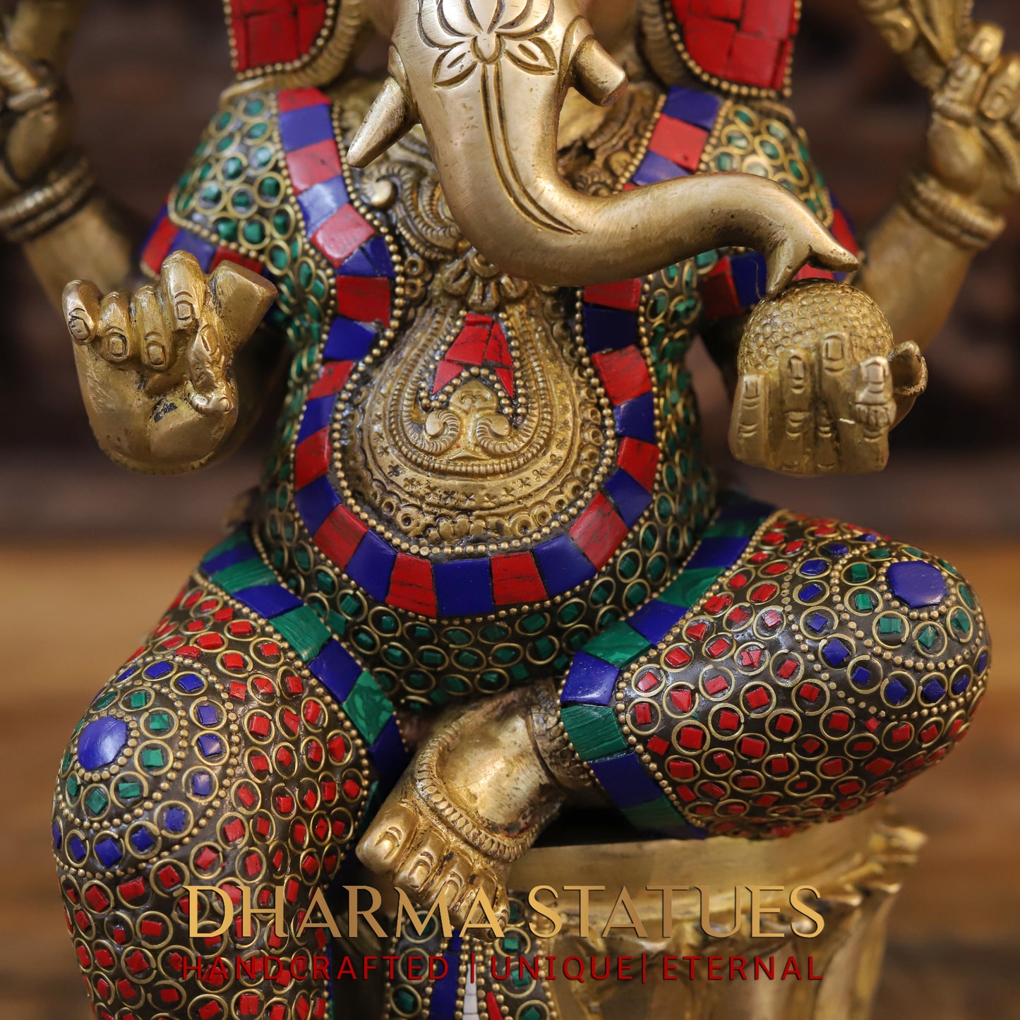 Brass Ganesh seated on Base, Golden & Stonework, 15"