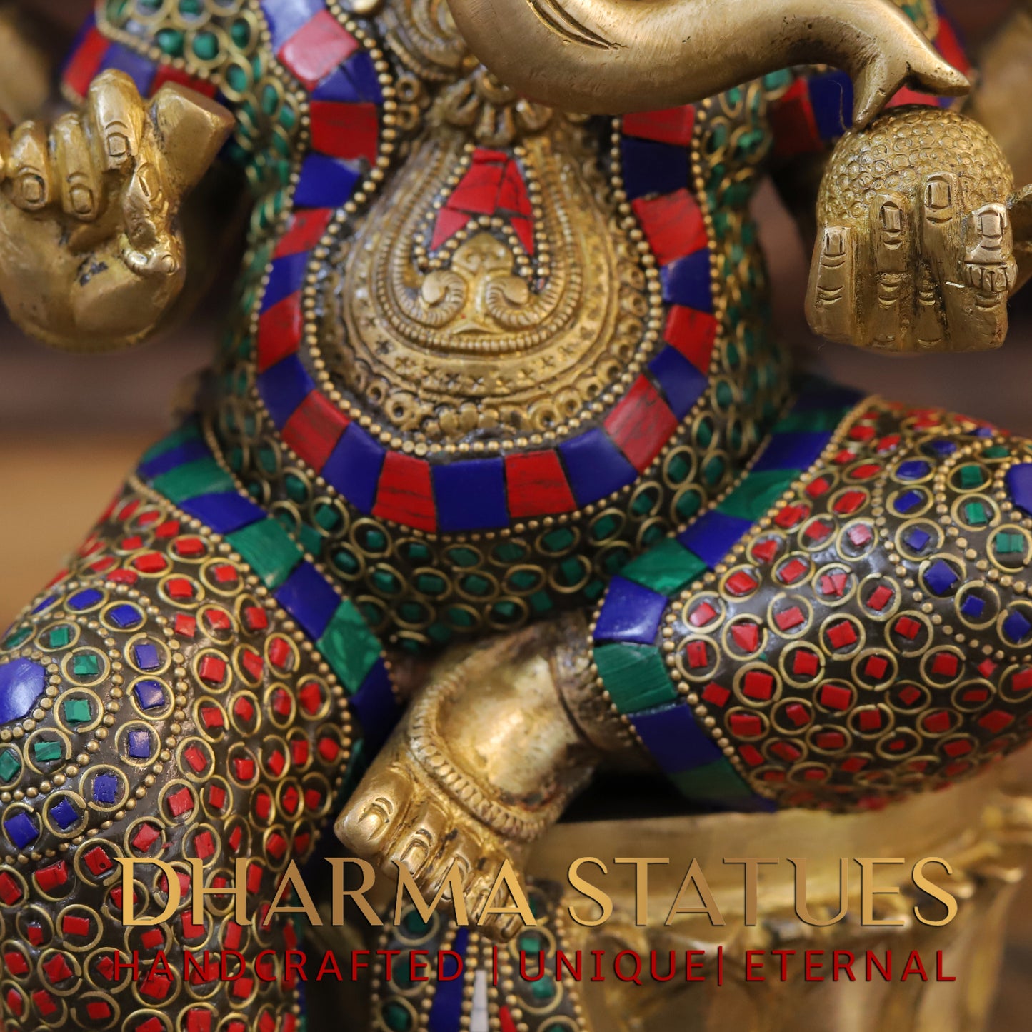 Brass Ganesh seated on Base, Golden & Stonework, 15"