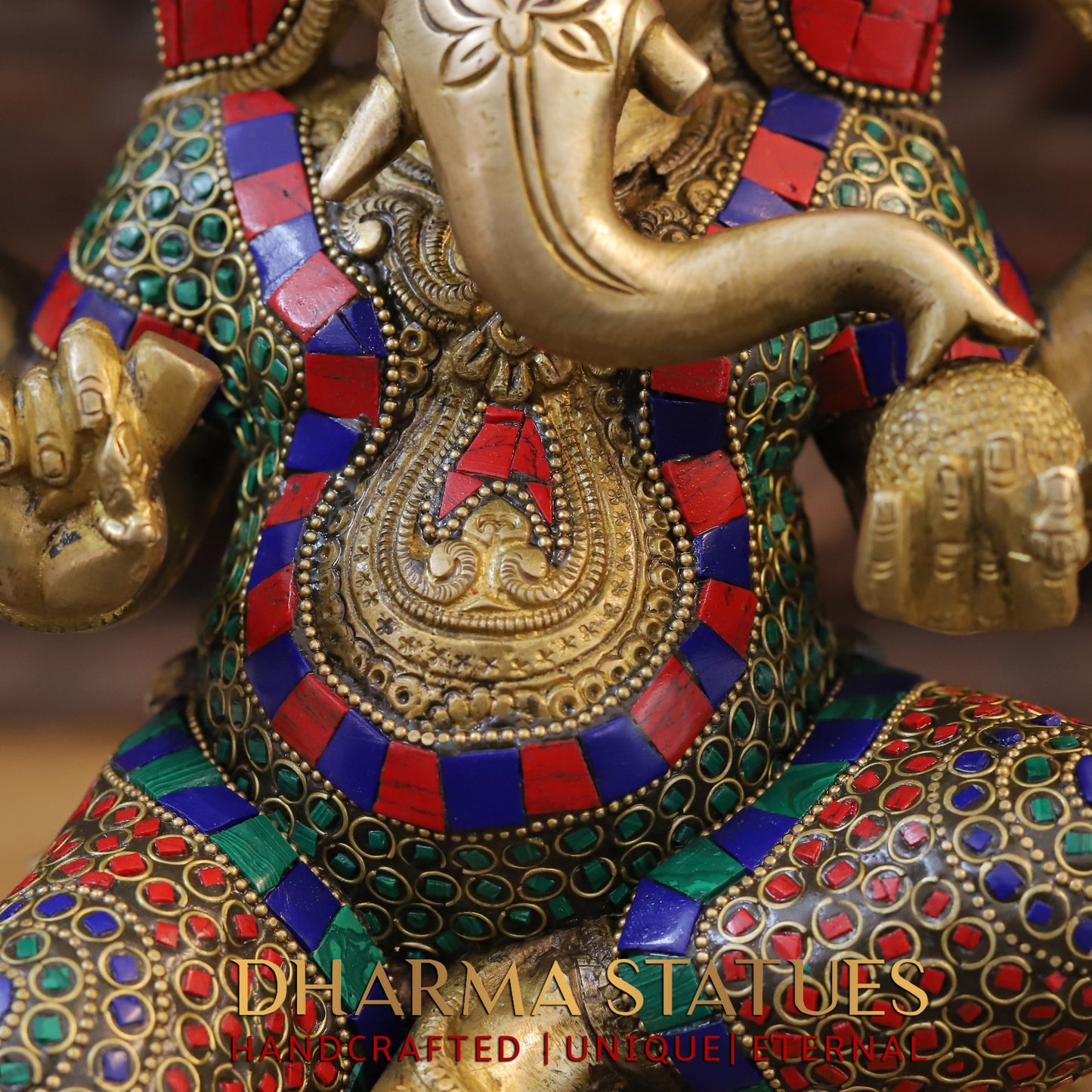 Brass Ganesh seated on Base, Golden & Stonework, 15"