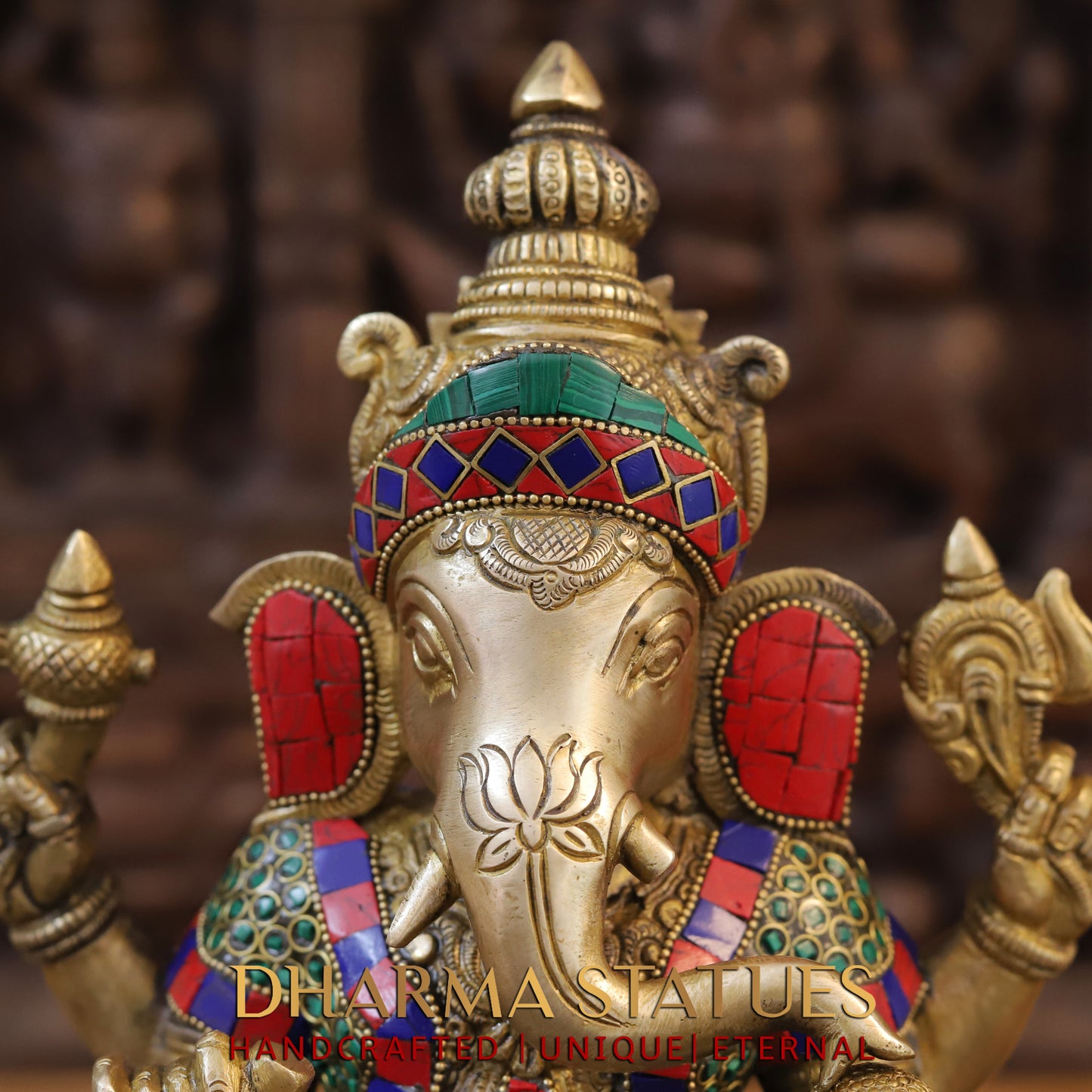 Brass Ganesh seated on Base, Golden & Stonework, 15"