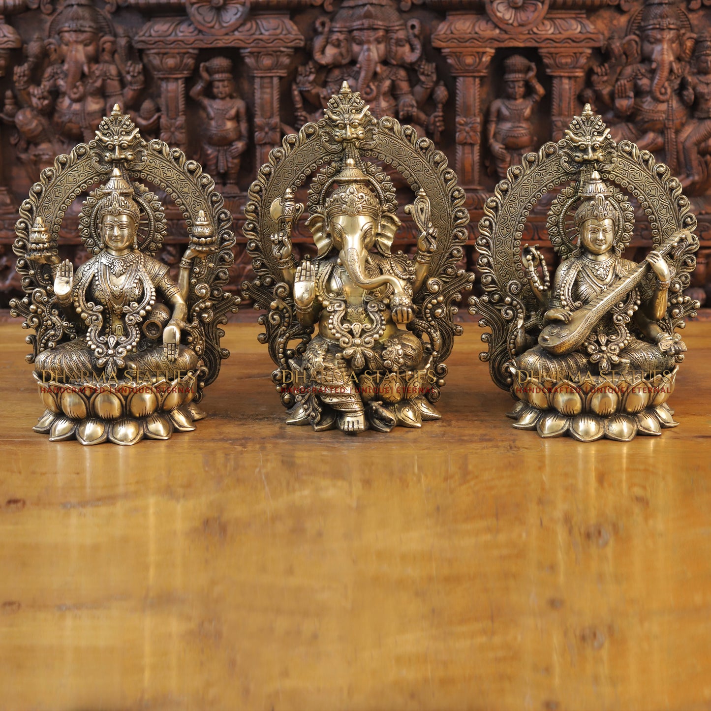 Brass Saraswati Idol, Seated on a Lotus, Playing Sitar, Fine Golden Finish 14.5"