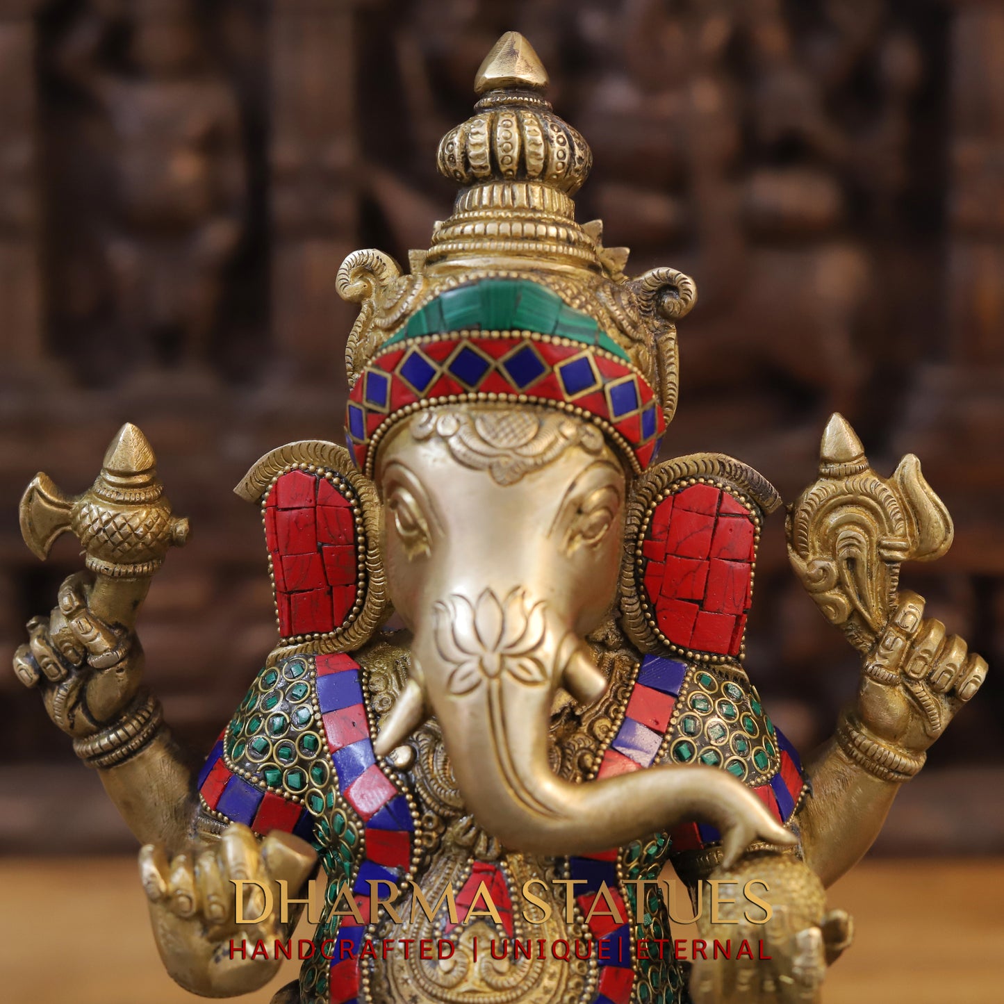 Brass Ganesh seated on Base, Golden & Stonework, 15"