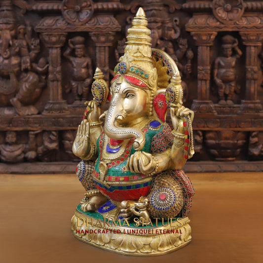 Brass Ganesh seated on Base, Blessing Position, Golden & Stonework, 20"