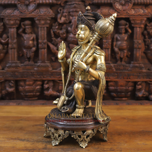 Brass Hanuman Idol, Seated on a Chowki, Fine Golden and Copper Finish 19.5"