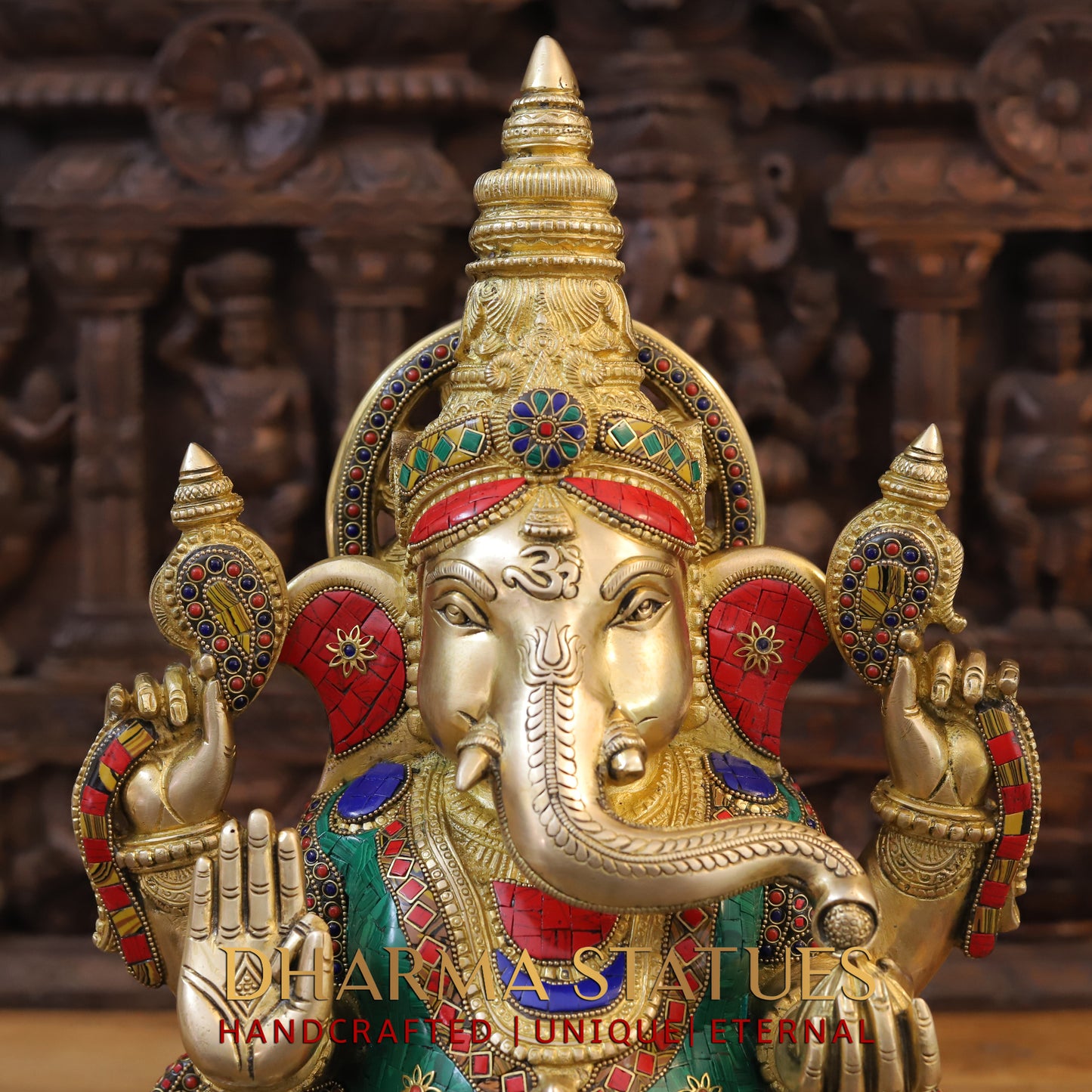 Brass Ganesh seated on Base, Blessing Position, Golden & Stonework, 20"