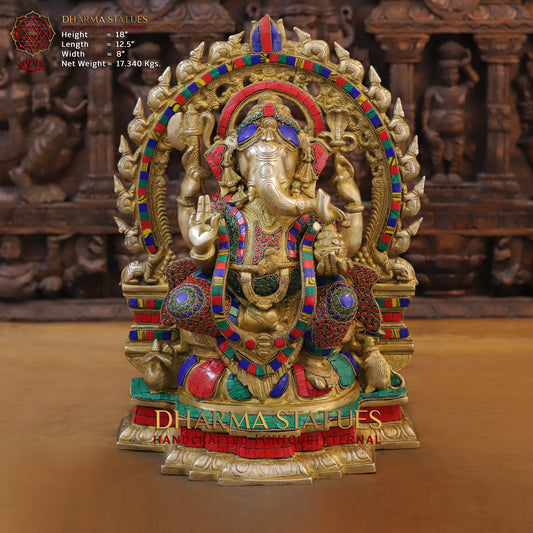 Brass Ganesh seated on Throne, Blessing Position, Golden & Stonework, 18"