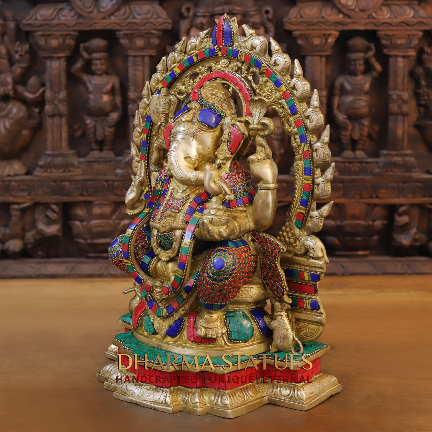 Brass Ganesh seated on Throne, Blessing Position, Golden & Stonework, 18"