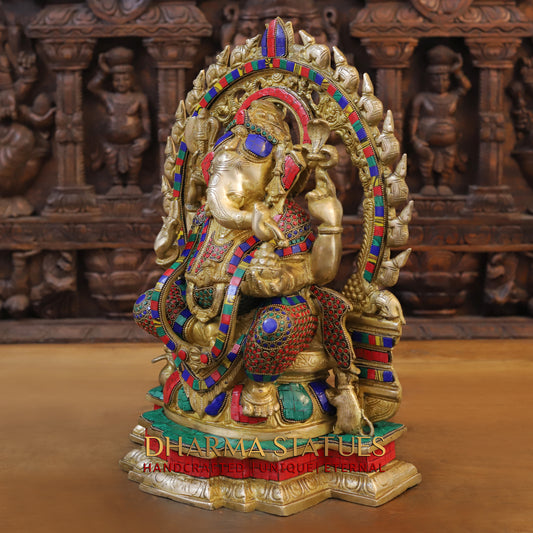 Brass Ganesh seated on Throne, Blessing Position, Golden & Stonework, 18"