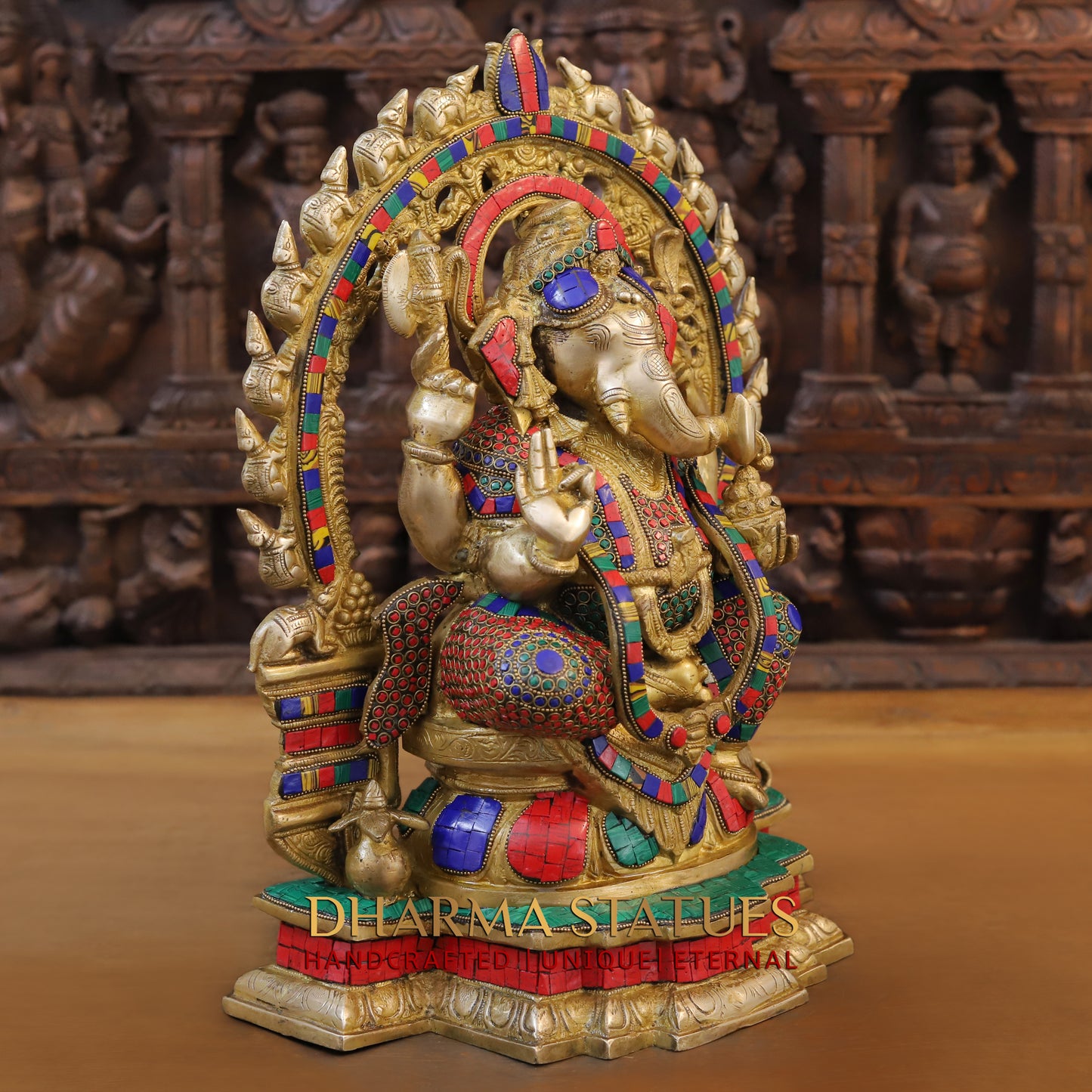 Brass Ganesh seated on Throne, Blessing Position, Golden & Stonework, 18"