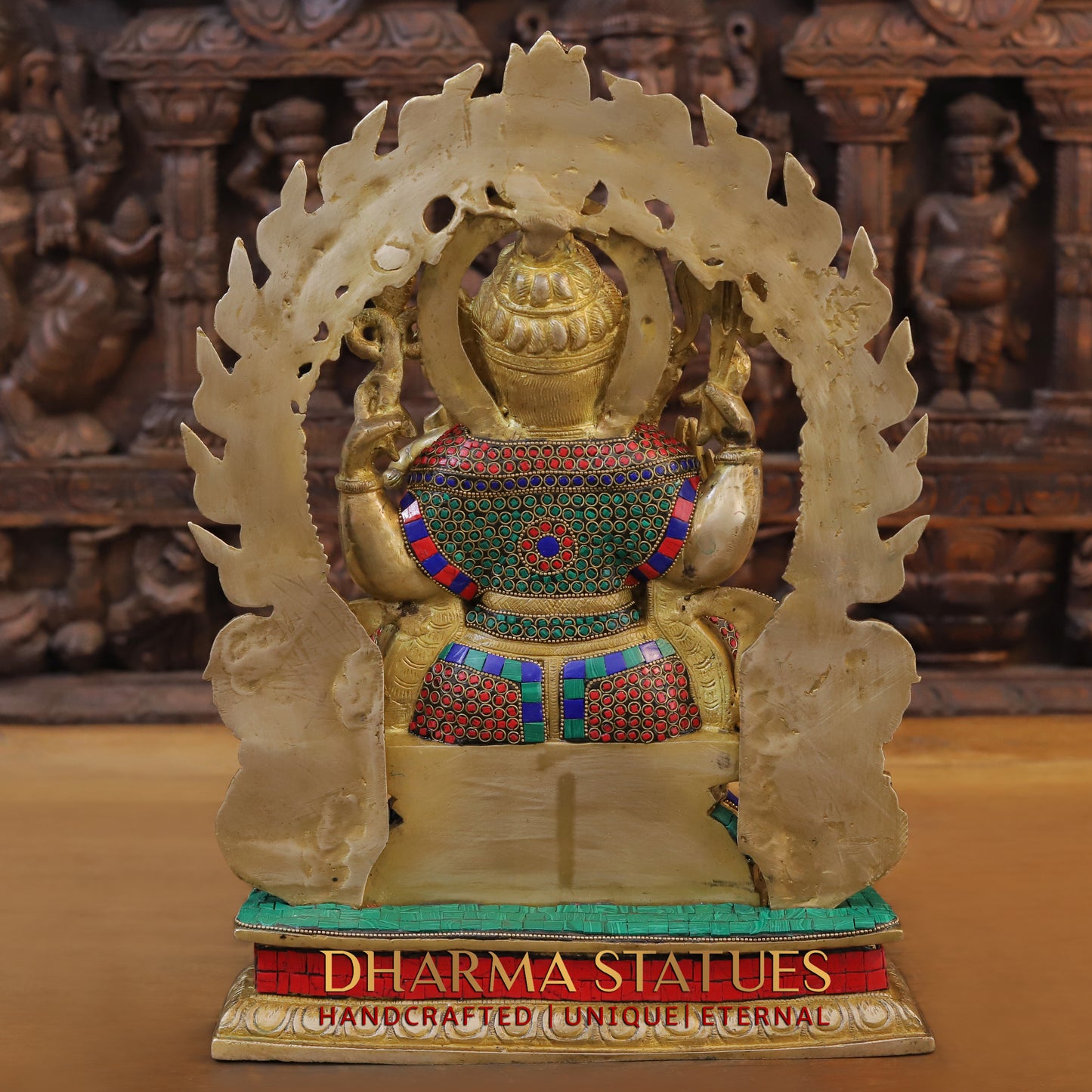 Brass Ganesh seated on Throne, Blessing Position, Golden & Stonework, 18"