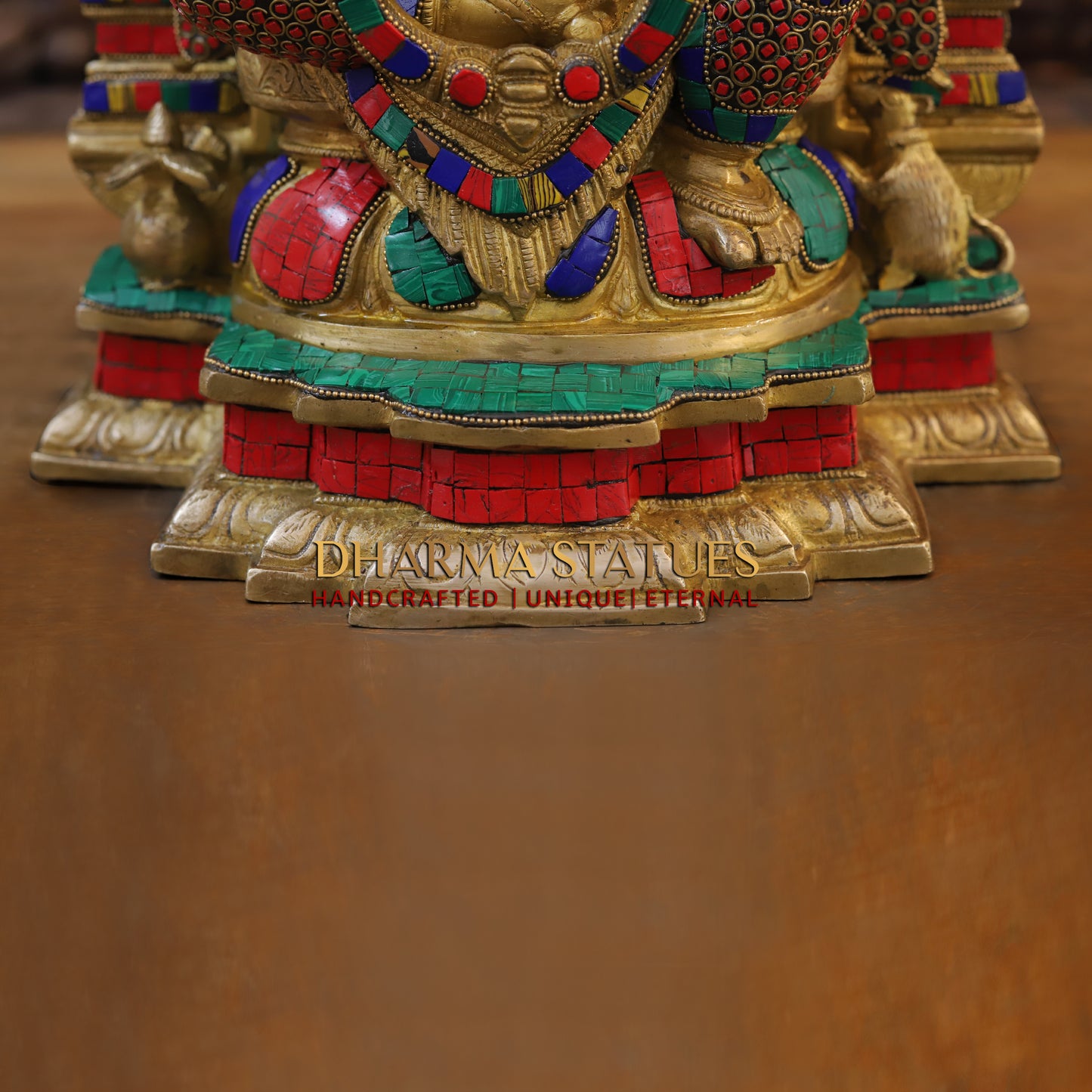 Brass Ganesh seated on Throne, Blessing Position, Golden & Stonework, 18"