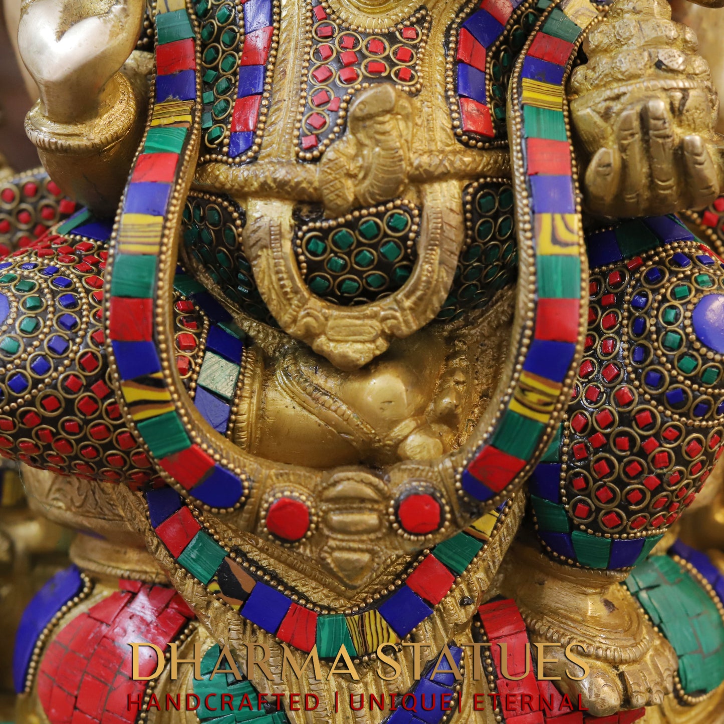 Brass Ganesh seated on Throne, Blessing Position, Golden & Stonework, 18"